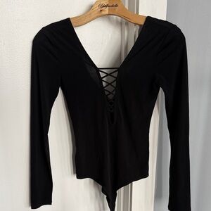 BCBGeneration Black Crisscross V-Neck Bodysuit